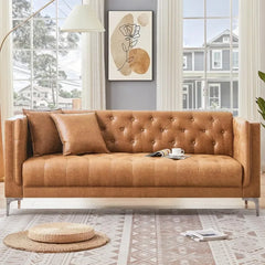 Handmade Button Tufted Leather Couch for Apartment | Office 79''W X 30''D X 30''H Home Furniture Brown Sofa Bed Sofas Living