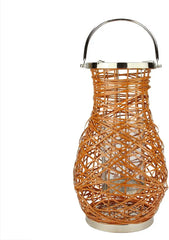 18.5" Modern Orange Decorative Woven Iron Pillar Candle Lantern with Glass Hurricane