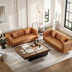 Handmade Button Tufted Leather Couch for Apartment | Office 79''W X 30''D X 30''H Home Furniture Brown Sofa Bed Sofas Living