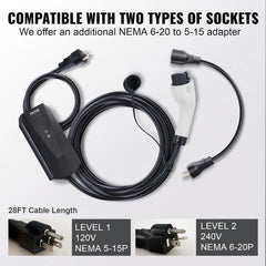 Level 1+2 Portable EV Charger, 16 Amp 120V or 240V, Electric Vehicle Charger with 28-Foot Charging Cable NEMA 6-20P Plug NEMA
