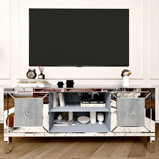 60' Mirrored TV Stand with Crushed Diamond Glass Doors - Modern Media