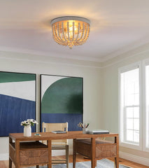 Boho Chandelier Wood Beaded Flush Mount Ceiling Light Fixtures for