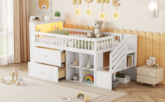 Twin Size Loft Bed with LED and Bookshelf, Wood Low Loft Bed with