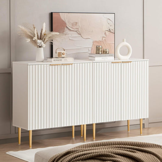 Fluted White Storage Cabinet Set of 2, Wood Sideboard Buffet Cabinet
