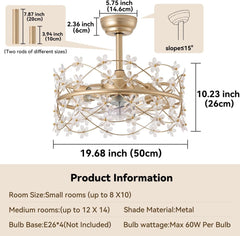 20 Inch Gold Caged Ceiling Fan with Light, Flower Chandelier Ceiling