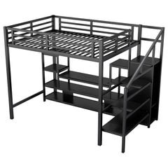 Full Size Metal Loft Bed with TV Stand, Metal Loft Bed with Staircase