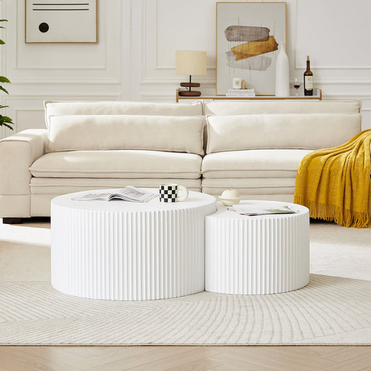 White Nesting table set of 2, Handcraft Relief MDF Coffee Table for