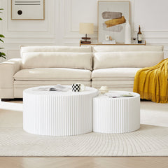 White Nesting table set of 2, Handcraft Relief MDF Coffee Table for