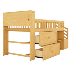 Twin Size Loft Bed with LED and Bookshelf, Wood Low Loft Bed with