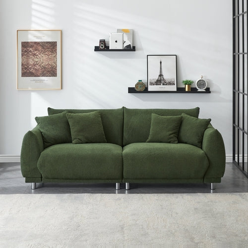 86.6 inch teddy fleece green sofa with four throw pillows and hardware