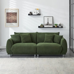 86.6 inch teddy fleece green sofa with four throw pillows and hardware