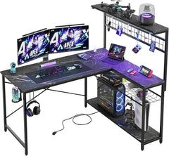Gaming Desk 51" L-Shaped, with Power Outlets & LED Lights- 4 Tier