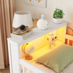 Twin Size Loft Bed with LED and Bookshelf, Wood Low Loft Bed with