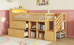 Twin Size Loft Bed with LED and Bookshelf, Wood Low Loft Bed with