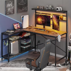Gaming Desk 51" L-Shaped, with Power Outlets & LED Lights- 4 Tier