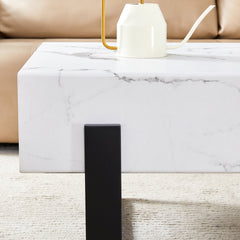 Minimalist MDF Marble-Patterned Coffee Table with Black Metal Legs,