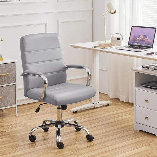 Mid-Back Office Chair with Arms Swivel PU Leather Height Adjustable