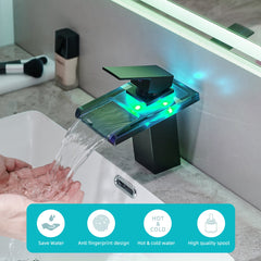 Bathroom Sink Faucet LED Light 3 Colors Changing Waterfall Glass Spout