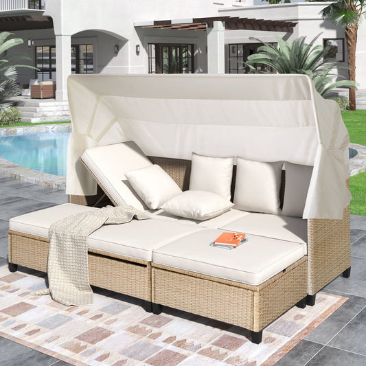4 Piece UV-Proof Resin Wicker Patio Sofa Set with Retractable Canopy,