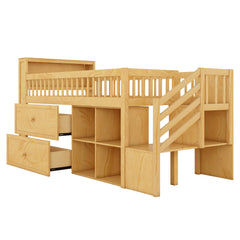 Twin Size Loft Bed with LED and Bookshelf, Wood Low Loft Bed with