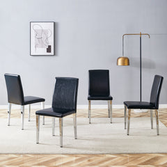 Simple and Versatile Four Black PU Dining Chairs with Silver Metal