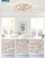Caged Ceiling Fans with Lights, White Flush Mount Ceiling Fan with