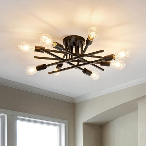 8-Lights Semi Flush Mount Ceiling Light Fixture，Modern Black Vintage