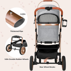 2in1 Dog Buggy Stroller Dog Box Can Be Attached in Car, Transport Foldable Cat Pet Stroller, 360° High Wheels, Max. load 25 kg