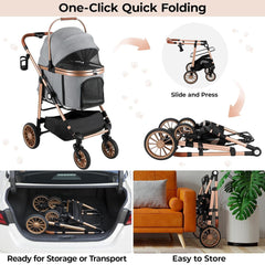 2in1 Dog Buggy Stroller Dog Box Can Be Attached in Car, Transport Foldable Cat Pet Stroller, 360° High Wheels, Max. load 25 kg