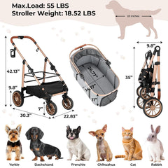 2in1 Dog Buggy Stroller Dog Box Can Be Attached in Car, Transport Foldable Cat Pet Stroller, 360° High Wheels, Max. load 25 kg