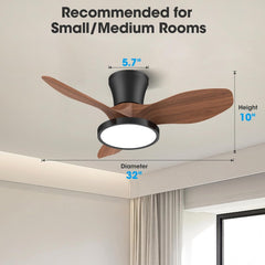 Quiet Ceiling Fan with LED Light DC Motor 32 Inch Large Air Volume