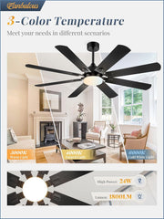 62 Inch Ceiling Fans with Lights, Black Modern Ceiling Fan with
