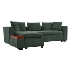 Elegant Chenille L-Shaped Sofa with Wooden Storage Compartment, Green,