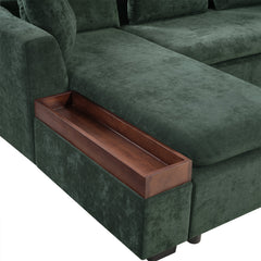 Elegant Chenille L-Shaped Sofa with Wooden Storage Compartment, Green,
