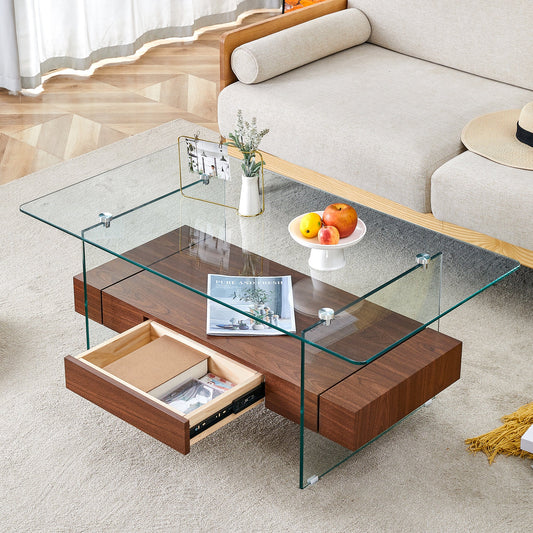 Modern Two-Tier Coffee Table with Drawer - Clear Tempered Glass &