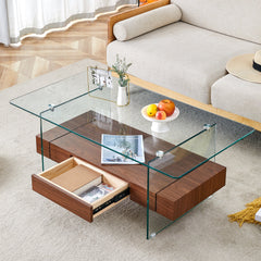 Modern Two-Tier Coffee Table with Drawer - Clear Tempered Glass &