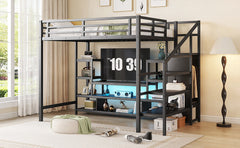 Full Size Metal Loft Bed with TV Stand, Metal Loft Bed with Staircase