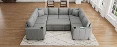 Multi-functional U-shaped Sectional Sofa Convertible Pull-out Bed Gray