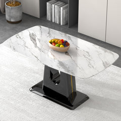 A modern, minimalist, and luxurious dining table with a white