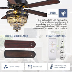 Crystal Ceiling Fan Fandelier with Lights - Modern Outdoor Fans with