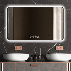 48x32 Black frame with rounded corners vanity mirror, temperature