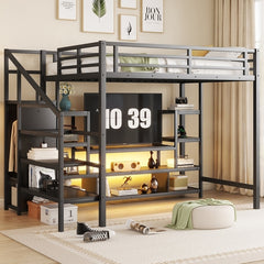 Full Size Metal Loft Bed with TV Stand, Metal Loft Bed with Staircase