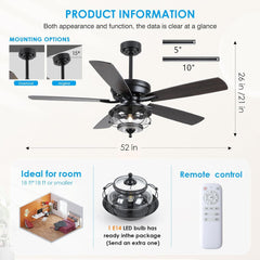 Outdoor Ceiling Fans with Light and Remote - 52 Inch Waterproof Wet