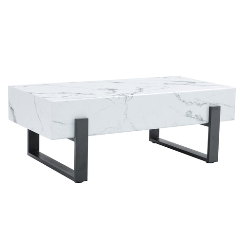 Minimalist MDF Marble-Patterned Coffee Table with Black Metal Legs,