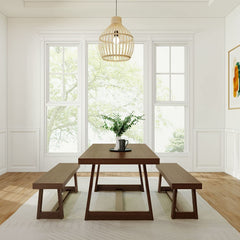 Farmhouse Solid Wood Dining Table Set with 2 Benches, Walnut