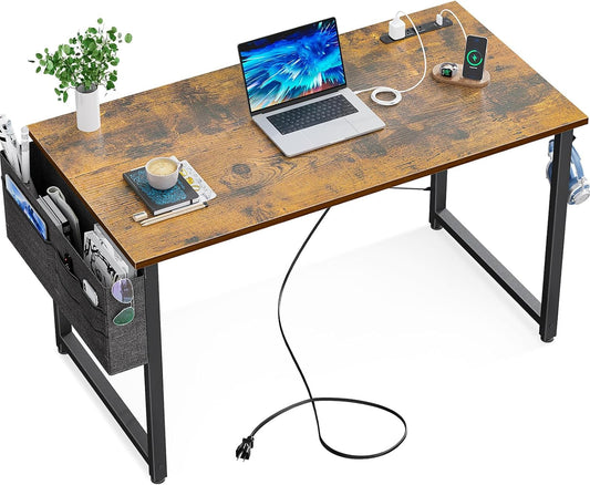 Small Desk with Power Outlets and USB Port Computer Desk for Home