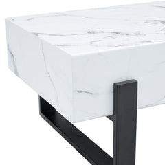Minimalist MDF Marble-Patterned Coffee Table with Black Metal Legs,