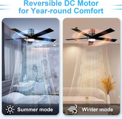 52" Ceiling Fan with Lights, Black Flush Mount Ceiling Fans, 5 Blades
