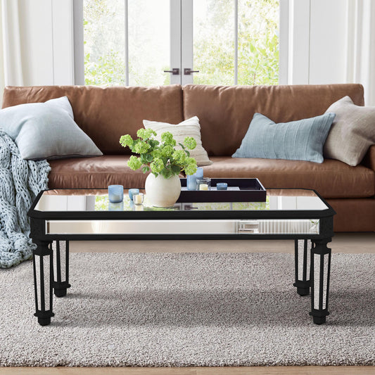 Silver Mirrored Coffee Table, Black Vintage Carved Wooden, Rectangle