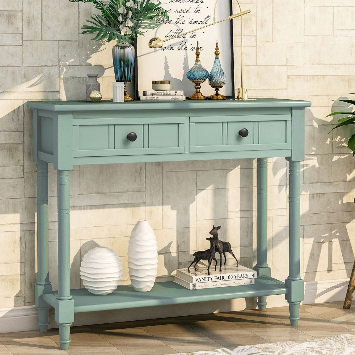 Rustic Green Console Table with Storage Drawers